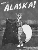 Foxee holding the Alaskan flag with the Alaskan city skyline of Anchorage behind her.  This drawing was published in the 2008 Midwest Furfest convention book.