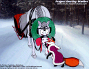 Velvet the red fox kissing the cheek of a horse to thank him for giving her a ride in his sleigh.