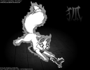 Kitsu the kitsune (Japanese fox spirit) chasing a three-eyed demon mouse while protecting a Shinto Inari shrine.